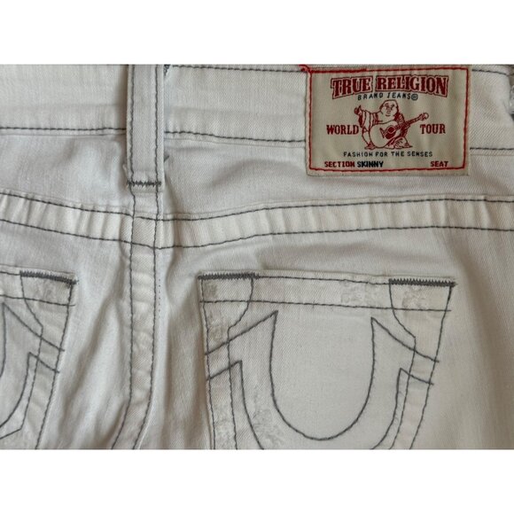 True Religion Jeans Womens Size 25 Skinny White Low Rise 31” Grey Stitching - Picture 8 of 14
